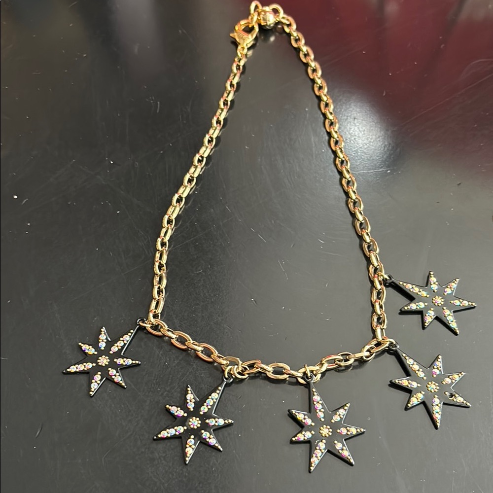 LULU FROST Celestial Necklace Brass Link Iridescent Crystals Black Stars